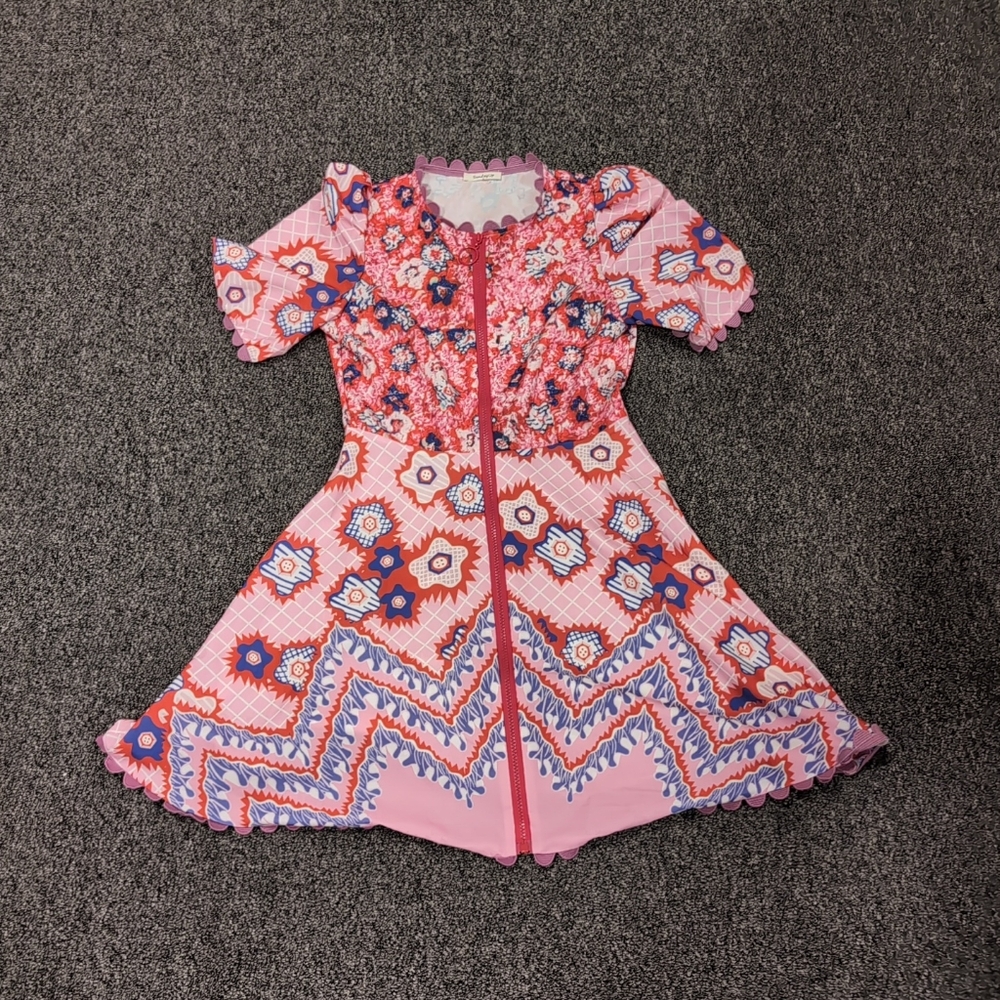 Sunday Up Zip Up Pink Red Blue Floral Boho Knee Length Mini Dress Small NWOT